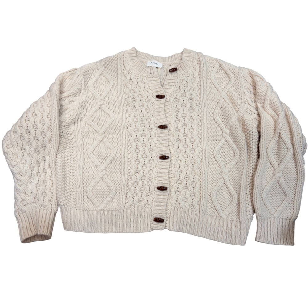 Bohme Cream Cable Knit Toggle Button Cardigan Sweater Wool Blend Ivory Womens